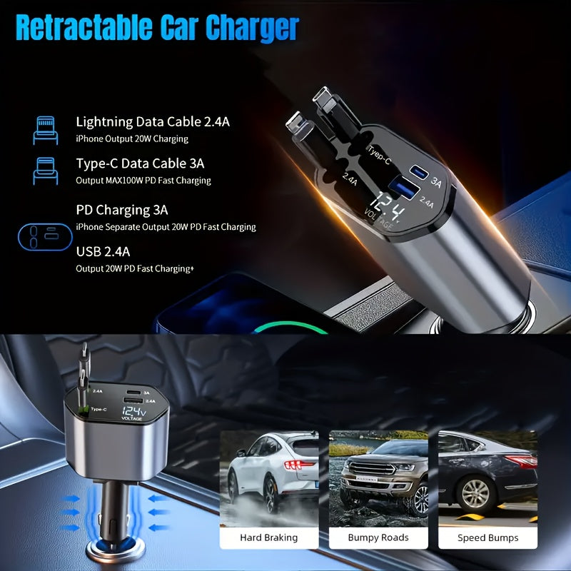 66W Max Output, 4-in-1 Fast Car Charger, Retractable Car Charger with 79.25cm Cable, Retractable Cable and 2 USB Ports Car Charger Adapter, Compatible with iPhone 15/15 Pro Max/14 Pro Max/13/12/11, Samsung, Xiaomi, Suitable f