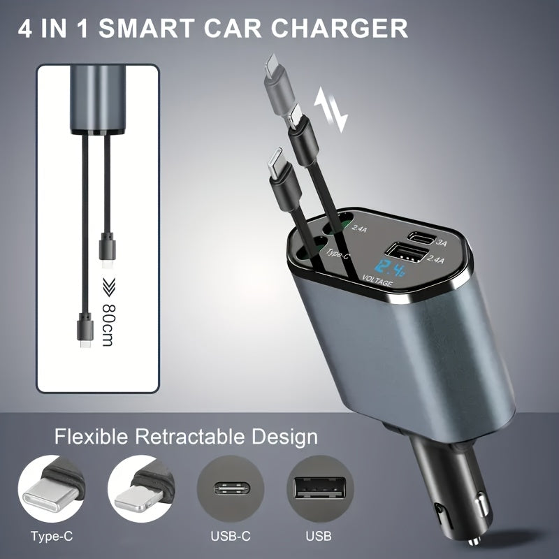 66W Max Output, 4-in-1 Fast Car Charger, Retractable Car Charger with 79.25cm Cable, Retractable Cable and 2 USB Ports Car Charger Adapter, Compatible with iPhone 15/15 Pro Max/14 Pro Max/13/12/11, Samsung, Xiaomi, Suitable f